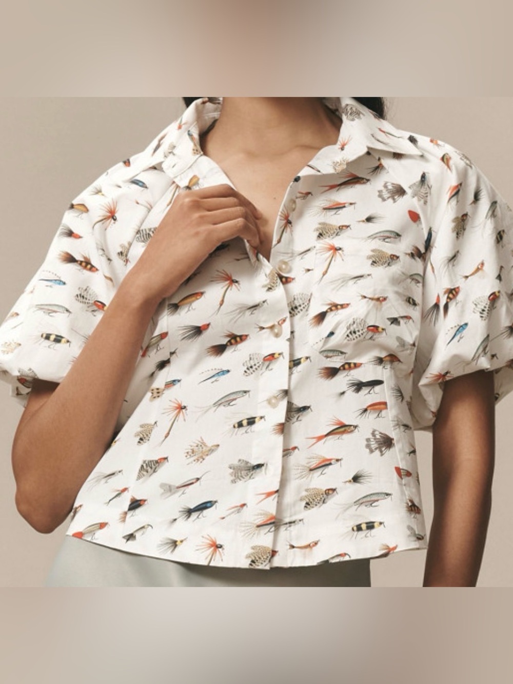 Anthropologie Maeve Zooey Bubble-Sleeve Buttondown XS Fly Fishing Print - Picture 4 of 4
